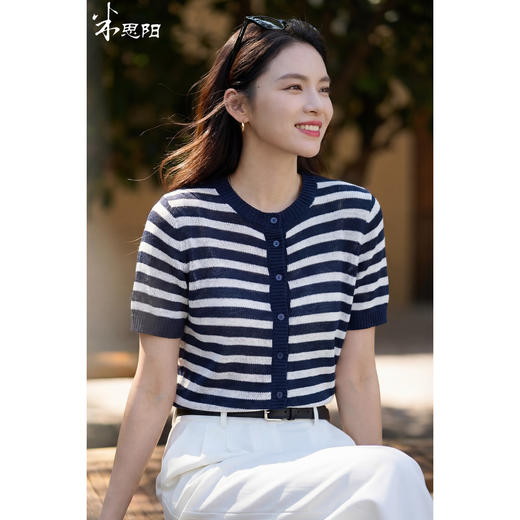 航海蓝条纹针织T 复古撞色 米思阳2026夏季复古风条纹含羊毛短袖针织开衫上衣1310 商品图0