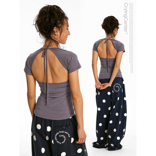 CryingCenter凉感兰精莫代尔绑带后背镂空收腰褶皱上衣休闲训练服 商品图2