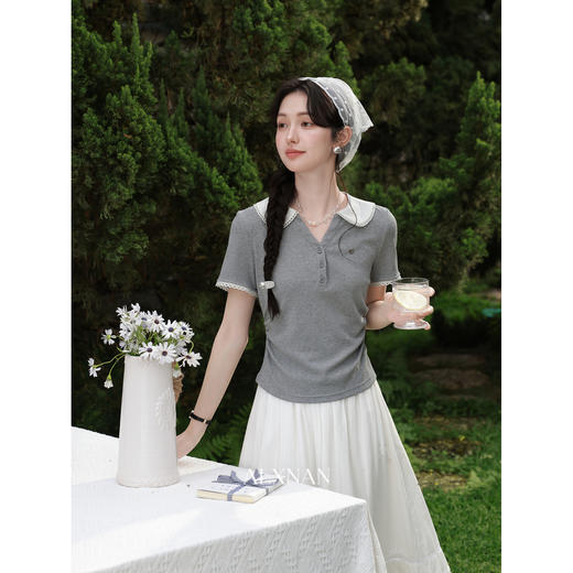 鹿向南「尤加利叶」花灰色假两件短袖T恤女夏小众别致设计感上衣 商品图2