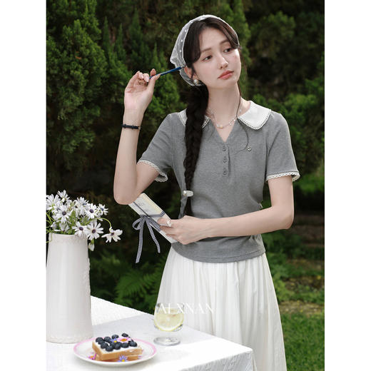 鹿向南「尤加利叶」花灰色假两件短袖T恤女夏小众别致设计感上衣 商品图1