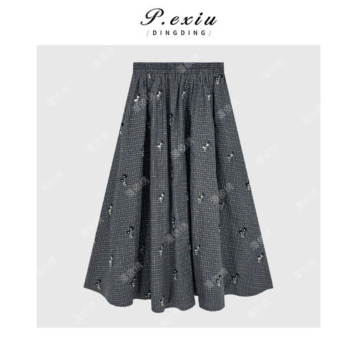 PanYiXiu/潘依绣100%棉手工钉珠刺绣格纹压褶松紧腰半身裙W-63657-2 商品图2