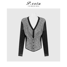 PanYiXiu/潘依绣人丝小众假两件条纹撞色气质显瘦V领长袖开衫 ZZ1132