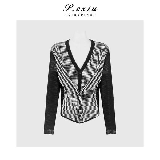 PanYiXiu/潘依绣人丝小众假两件条纹撞色气质显瘦V领长袖开衫 ZZ1132 商品图0