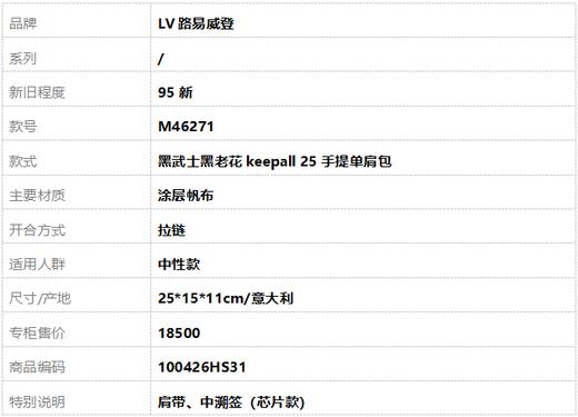 【95新】LV路易威登M46271黑武士黑老花keepall 25手提单肩包中性款100426HS31 商品图9