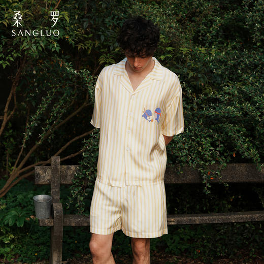 微笑豚豚』桑罗真丝睡衣套装100%桑蚕丝男夏短袖家居服2026新款 商品图4
