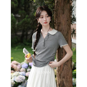 鹿向南「尤加利叶」花灰色假两件短袖T恤女夏小众别致设计感上衣