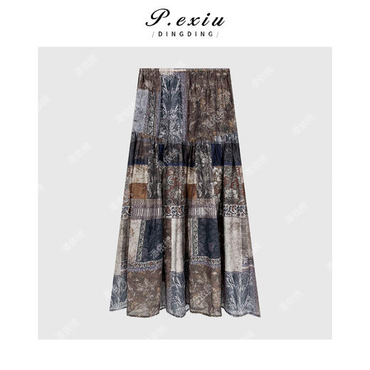 PanYiXiu/潘依绣莱赛尔天丝复古港风印花显瘦松紧腰半身裙W-63237 商品图2