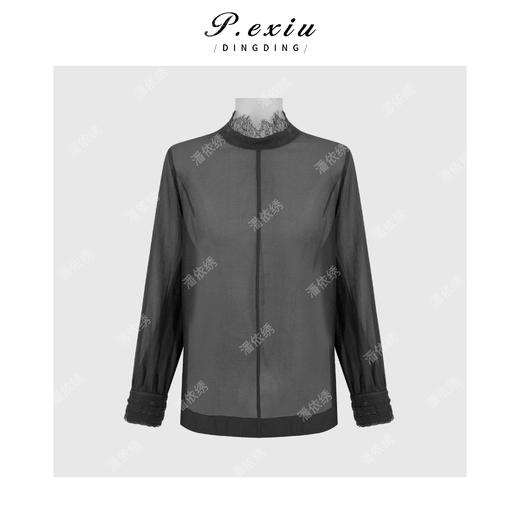 PanYiXiu/潘依绣人丝法式气质显瘦蕾丝拼接立领长袖衬衫 M9163 商品图1