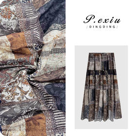 PanYiXiu/潘依绣莱赛尔天丝复古港风印花显瘦松紧腰半身裙W-63237