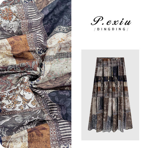 PanYiXiu/潘依绣莱赛尔天丝复古港风印花显瘦松紧腰半身裙W-63237 商品图0