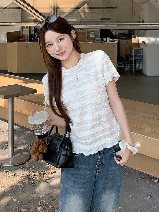 西遇蕾丝条纹拼接短袖T恤女2026夏季新款甜美木耳边圆领休闲上衣SS060308 商品图1