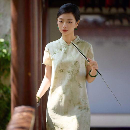 西子/玉竹美人新中式通勤气质立领浅绿竹纹改良旗袍裙/QPZH0115 商品图4