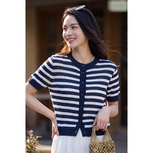航海蓝条纹针织T 复古撞色 米思阳2026夏季复古风条纹含羊毛短袖针织开衫上衣1310 商品图1