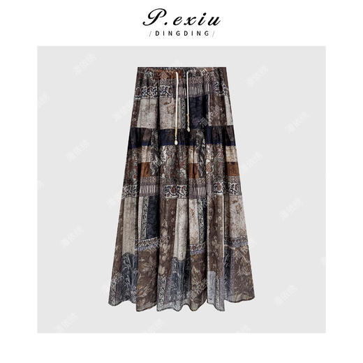 PanYiXiu/潘依绣莱赛尔天丝复古港风印花显瘦松紧腰半身裙W-63237 商品图1