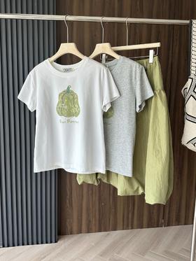 韩国南瓜印花短袖T + 橄榄绿花苞半裙套装