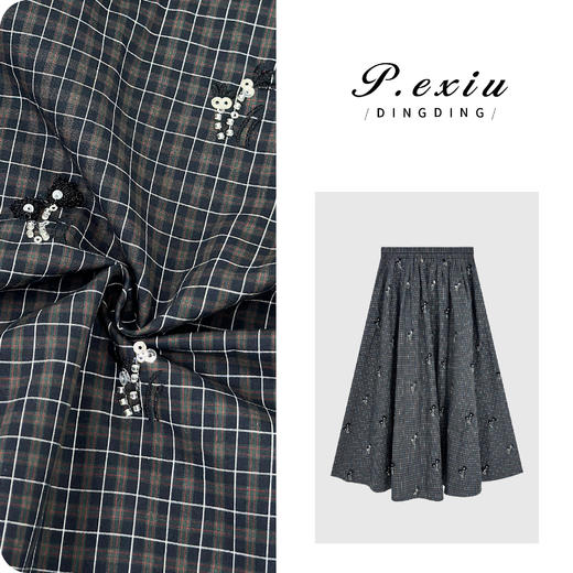 PanYiXiu/潘依绣100%棉手工钉珠刺绣格纹压褶松紧腰半身裙W-63657-2 商品图0