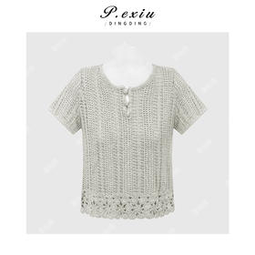 PanYiXiu/潘依绣人丝和纸纱温柔风镂空钩花圆领针织短袖上衣 L2608