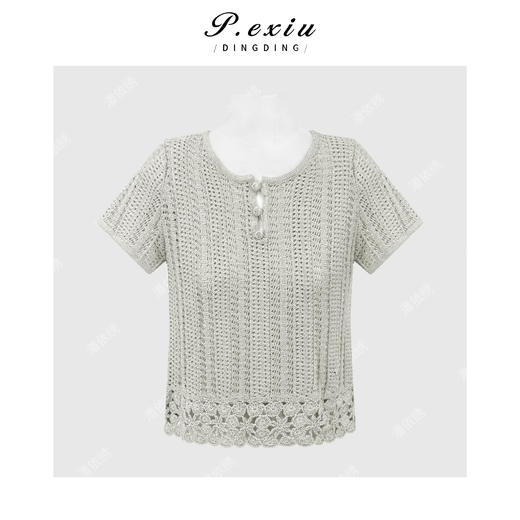 PanYiXiu/潘依绣人丝和纸纱温柔风镂空钩花圆领针织短袖上衣 L2608 商品图0