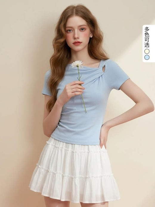 西遇斜领褶皱短袖T恤女2026年夏季新款设计感修身显瘦纯欲风上衣SS060303 商品图0