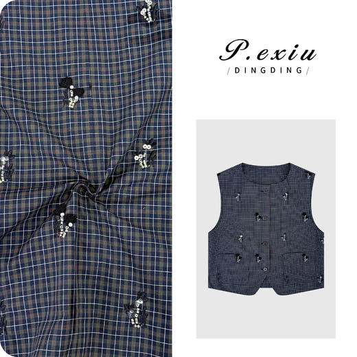 PanYiXiu/潘依绣100%棉小众撞色格纹钉珠刺绣圆领无袖马甲W-63657 商品图0