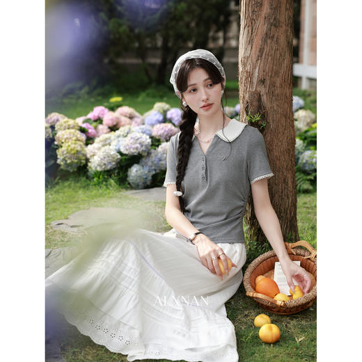 鹿向南「尤加利叶」花灰色假两件短袖T恤女夏小众别致设计感上衣 商品图4