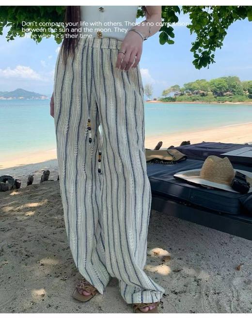 度假风纯棉条纹刺绣慵懒阔腿裤 商品图1
