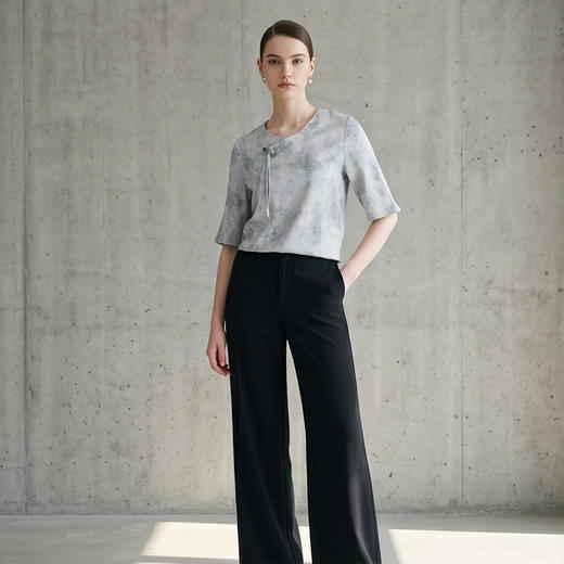 PALUOPO/PL新中式重磅桑蚕丝圆领盘扣优雅提花短袖气质百搭T恤ES250090Z 商品图5