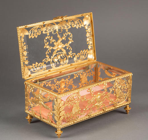 独角鹿西洋古董20世纪初法国出品新艺术风格蝴蝶花卉主题铜鎏金精雕嵌透明水晶珍宝盒 商品图5