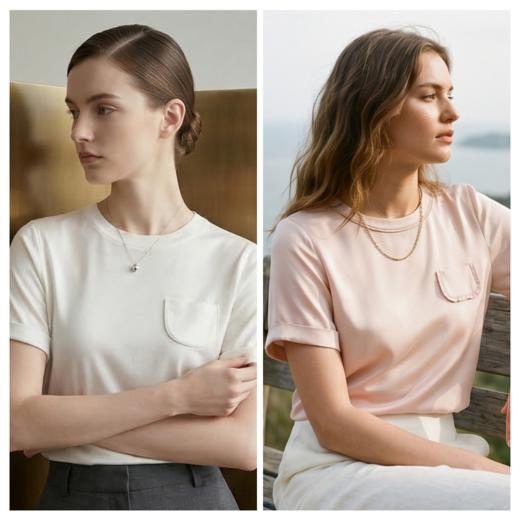 PALUOPO/PL重磅弹力桑蚕丝圆领时尚假口袋休闲多色舒适短袖T恤ES250087Z 商品图1