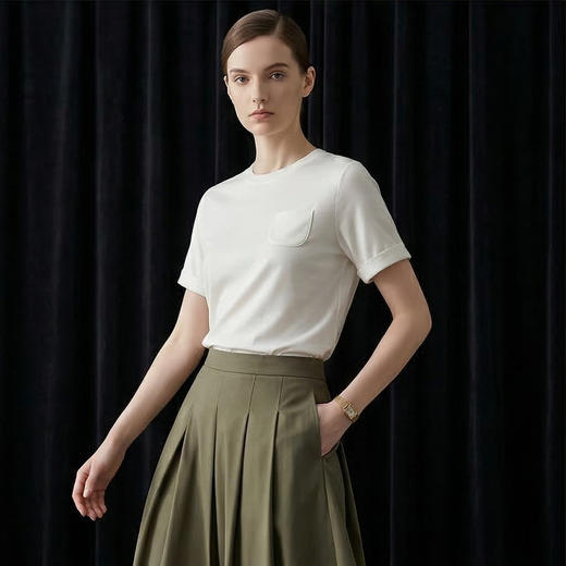 PALUOPO/PL重磅弹力桑蚕丝圆领时尚假口袋休闲多色舒适短袖T恤ES250087Z 商品图4
