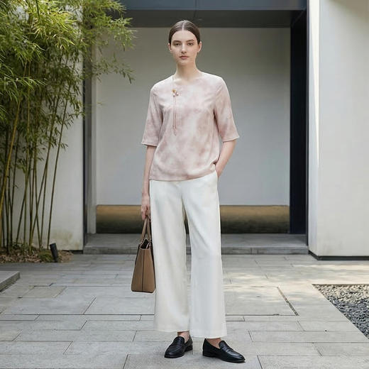 PALUOPO/PL新中式重磅桑蚕丝圆领盘扣优雅提花短袖气质百搭T恤ES250090Z 商品图3