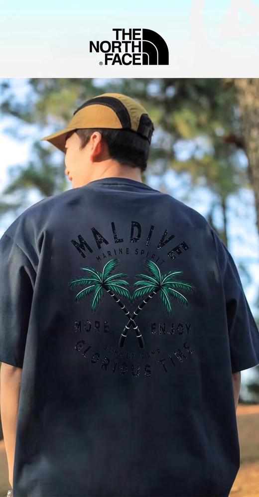 F042101夏季新款纯棉椰树图案热带岛屿男女同款拼接螺纹双车线冰凉透气短袖T恤 商品图4