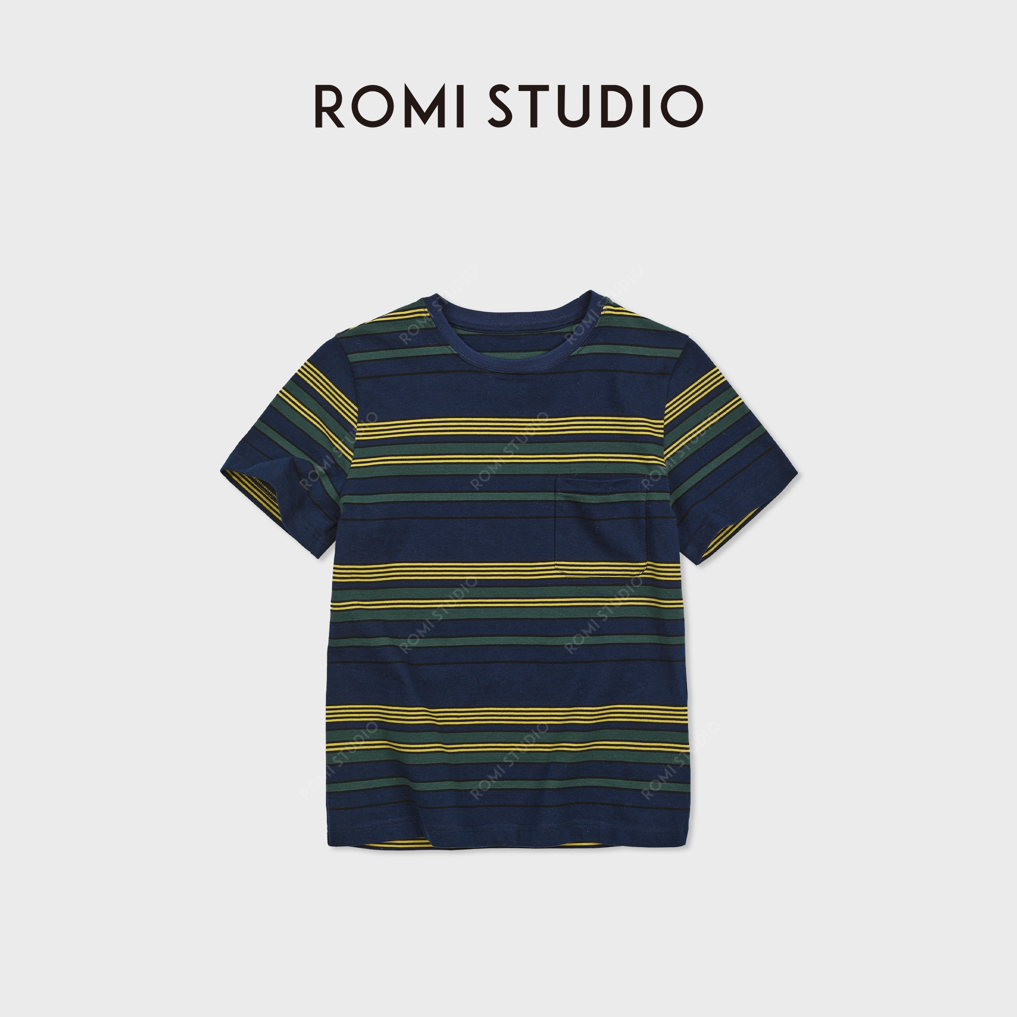 ROMI STUDIO“花色短袖”复古撞色100%精梳棉圆领条纹T恤RWDSS62057