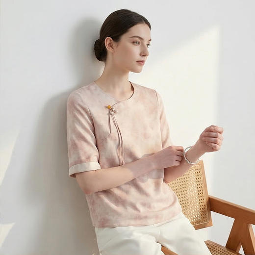 PALUOPO/PL新中式重磅桑蚕丝圆领盘扣优雅提花短袖气质百搭T恤ES250090Z 商品图2