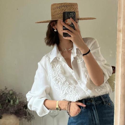 （3-5天发货）Five-apc重工刺绣亚麻棉白衬衫，穿出自由恣意腔调，万针浮雕刺绣，低调中透着华丽感 商品图3