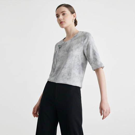 PALUOPO/PL新中式重磅桑蚕丝圆领盘扣优雅提花短袖气质百搭T恤ES250090Z 商品图7