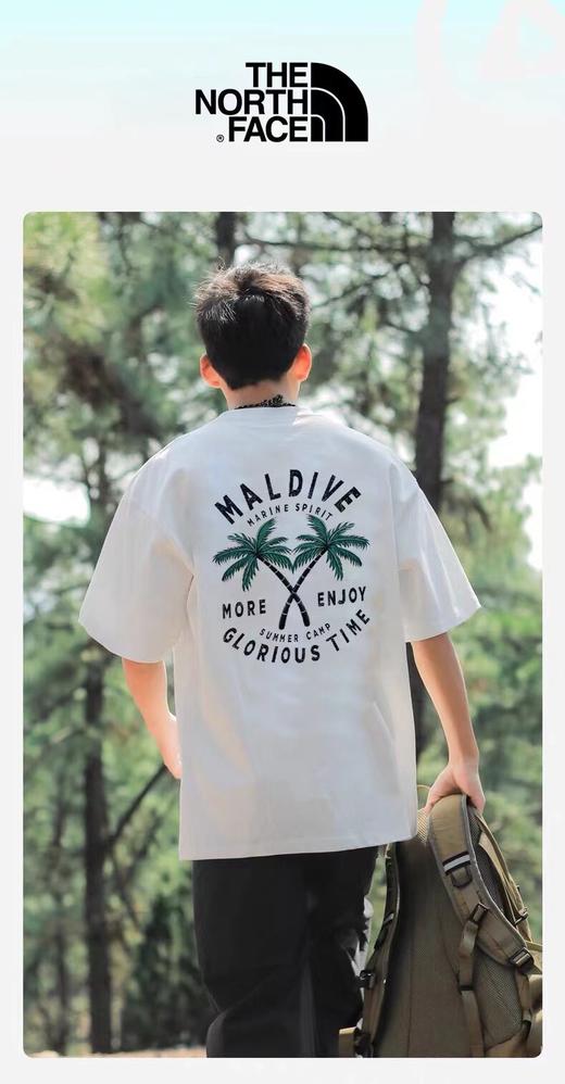 F042101夏季新款纯棉椰树图案热带岛屿男女同款拼接螺纹双车线冰凉透气短袖T恤 商品图5