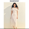 玛克门店发货：度假风蕾丝连衣裙修身收腰长裙不对称斜肩抽褶领证小白裙(货号:MS86DR018) 商品缩略图2