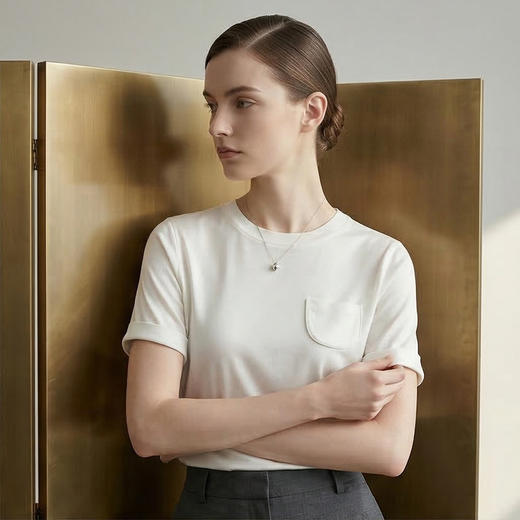 PALUOPO/PL重磅弹力桑蚕丝圆领时尚假口袋休闲多色舒适短袖T恤ES250087Z 商品图3