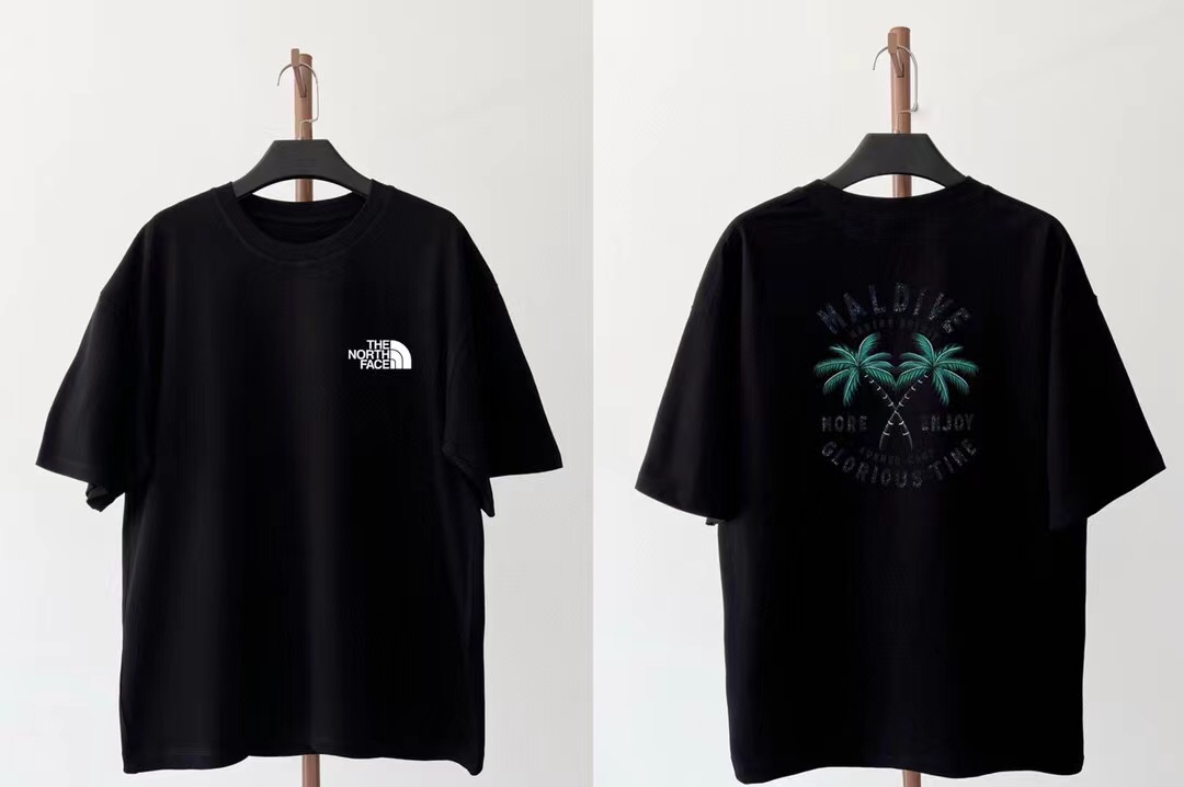 F042101夏季新款纯棉椰树图案热带岛屿男女同款拼接螺纹双车线冰凉透气短袖T恤