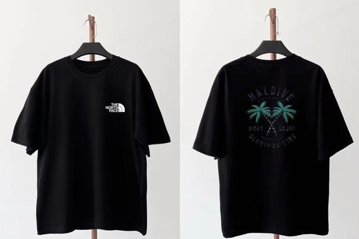 F042101夏季新款纯棉椰树图案热带岛屿男女同款拼接螺纹双车线冰凉透气短袖T恤 商品图0