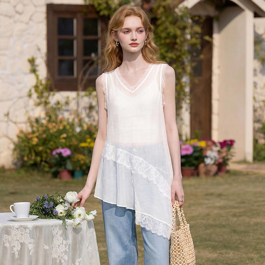 西遇领拼接蕾丝花边2026夏季新款不规则背心裙女叠穿无袖连衣裙H0060286 商品图3