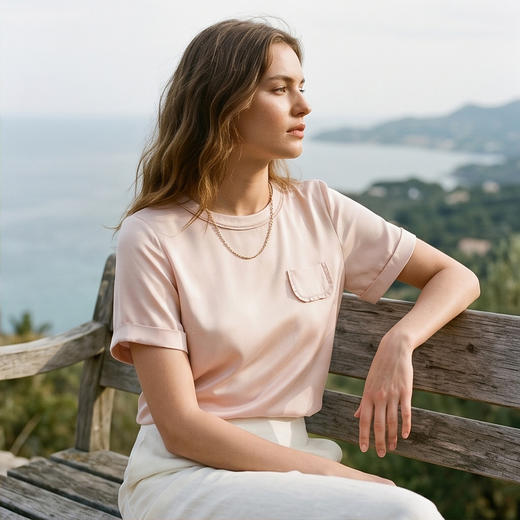 PALUOPO/PL重磅弹力桑蚕丝圆领时尚假口袋休闲多色舒适短袖T恤ES250087Z 商品图7