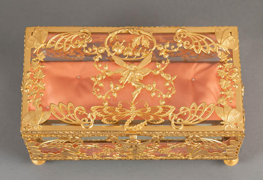 独角鹿西洋古董20世纪初法国出品新艺术风格蝴蝶花卉主题铜鎏金精雕嵌透明水晶珍宝盒 商品图6