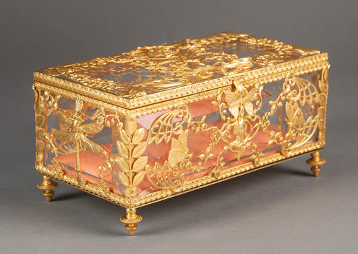 独角鹿西洋古董20世纪初法国出品新艺术风格蝴蝶花卉主题铜鎏金精雕嵌透明水晶珍宝盒 商品图4