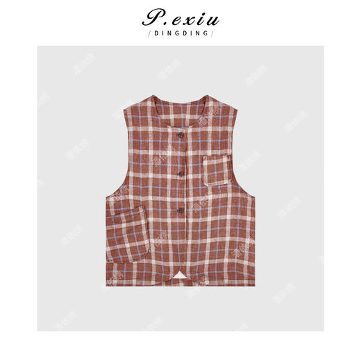PanYiXiu/潘依绣【红茶玛奇朵】100%亚麻设计感叠穿格纹马甲7080T 商品图1
