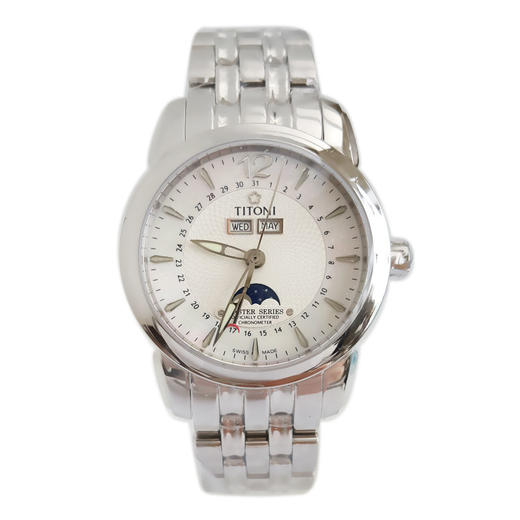 【99新】TITONI 梅花94788 S-747天文台认证自动机械机芯日期、星期、月份显示；月相40MM（男款）Master Series大师系列精钢180426NJ44 商品图0