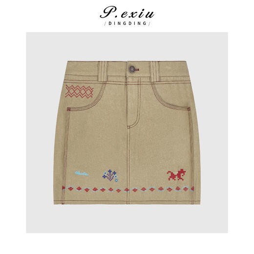 PanYiXiu/潘依绣 100%棉小众设计感明线撞色重工刺绣休闲马甲半裙套装 Q65217 商品图2