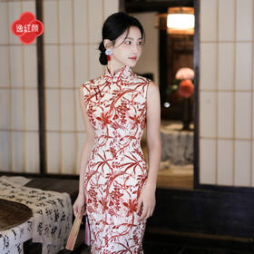 逸红颜《枫宁》2026年夏新款东方含蓄胭脂花枝印花人棉港风旗袍女