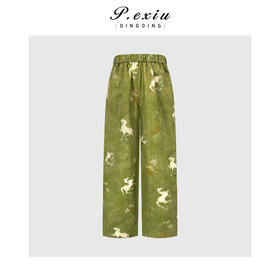PanYiXiu/潘依绣100%亚麻高级感印花时髦显瘦松紧腰直筒休闲裤 Q52016